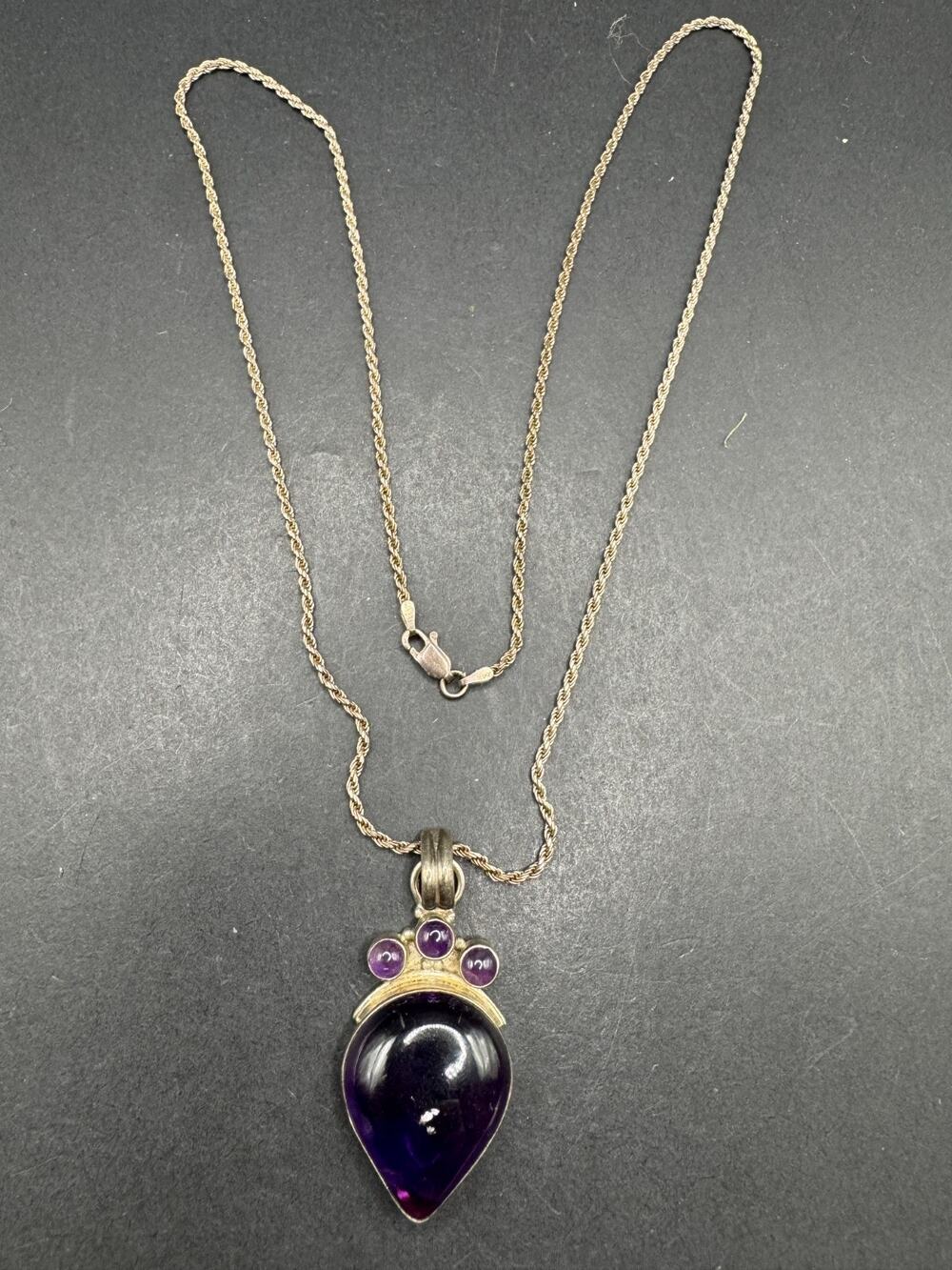 Vintage Sterling Silver 925 Signed Amethyst Artisan Pendant 23.8" Chain Necklace